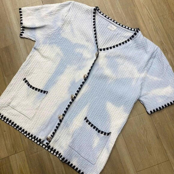 V Neck Short Sleeve Tweed Cardigan with Striped Trim